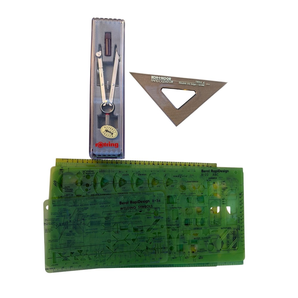Rotring Berol Drafting Set Green Vintage Templates Compass Triangle Art
